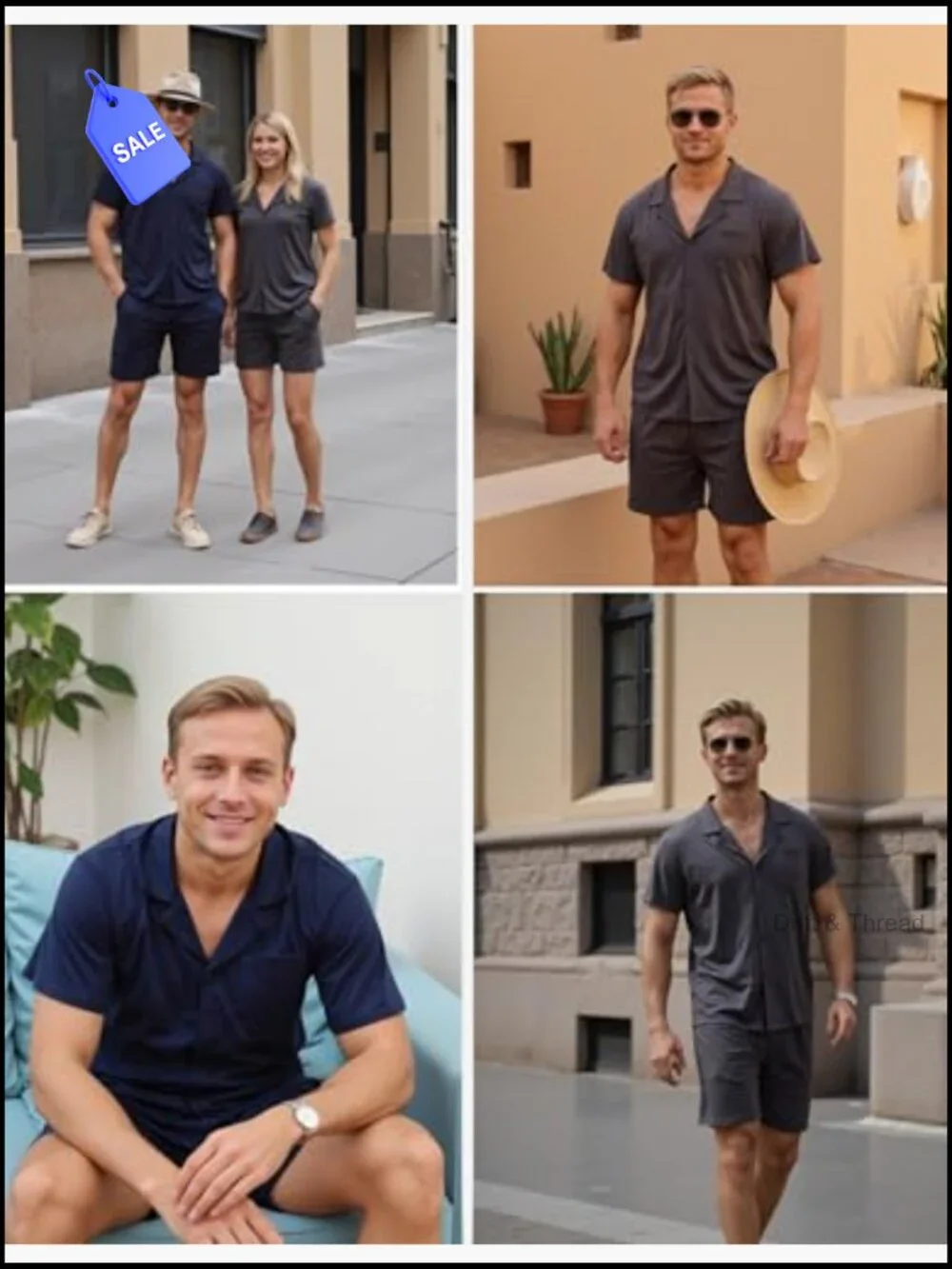 Men's 2-Piece Cotton Pajama Set Short Sleeve Button Down Lounge Set Pockets
